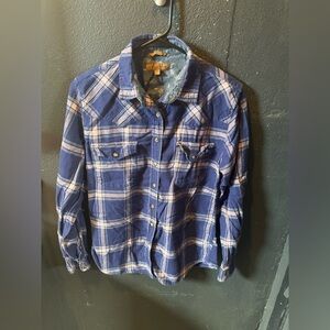 Jachs Girlfriend Blue and Light Pink Casual Button Down Shirt with Plaid Pattern
